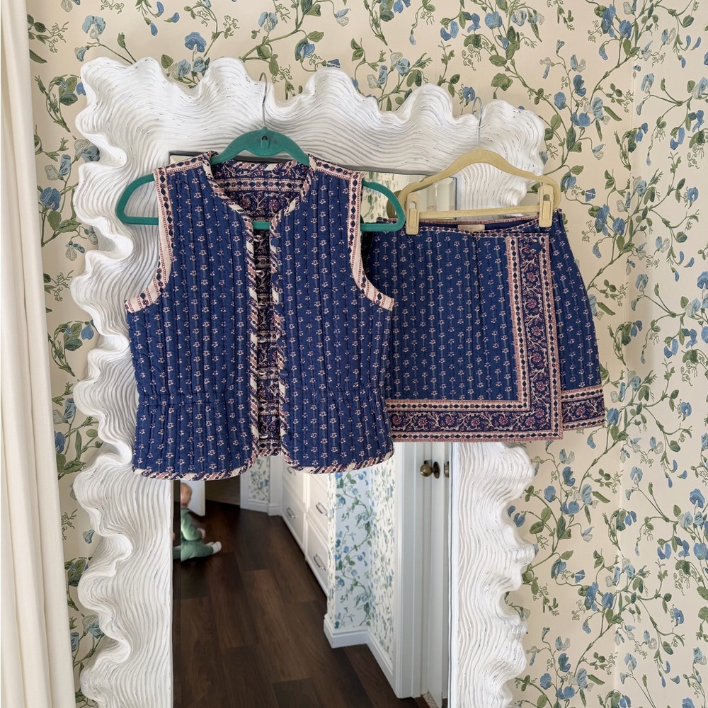 Sezane Blue and Pink Mini Skirt and Vest Set